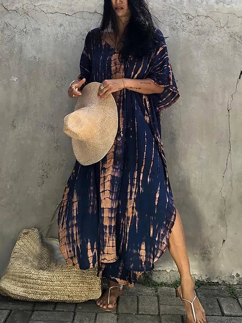 Women's Kaftan Dress - Full-Length Loose Fit - V-Neck Tie-Dye Bohemian Style