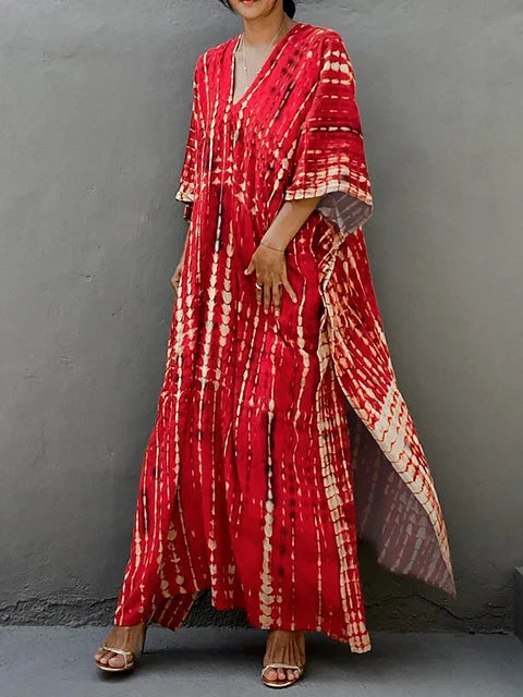 Women's Kaftan Dress - Full-Length Loose Fit - V-Neck Tie-Dye Bohemian Style