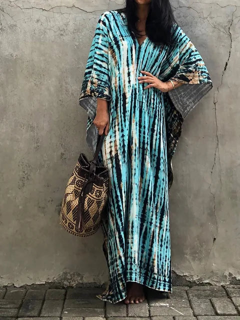 Women's Kaftan Dress - Full-Length Loose Fit - V-Neck Tie-Dye Bohemian Style