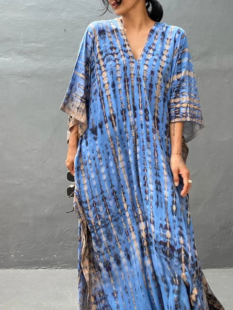 Women's Kaftan Dress - Full-Length Loose Fit - V-Neck Tie-Dye Bohemian Style