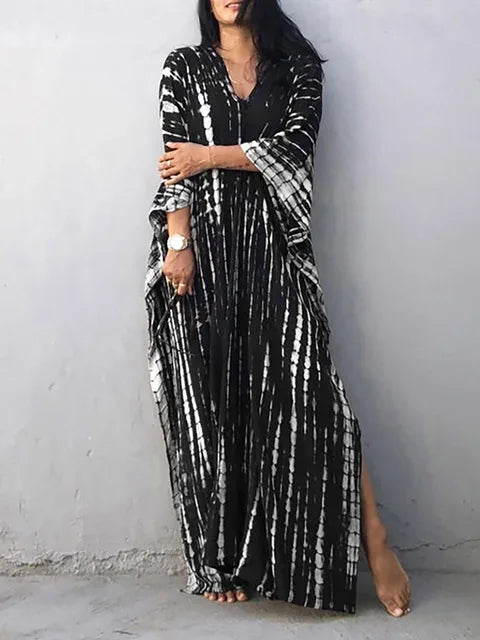 Women's Kaftan Dress - Full-Length Loose Fit - V-Neck Tie-Dye Bohemian Style