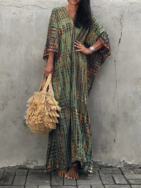 Women's Kaftan Dress - Full-Length Loose Fit - V-Neck Tie-Dye Bohemian Style