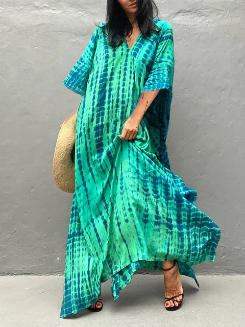 Women's Kaftan Dress - Full-Length Loose Fit - V-Neck Tie-Dye Bohemian Style