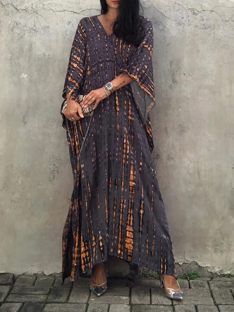 Women's Kaftan Dress - Full-Length Loose Fit - V-Neck Tie-Dye Bohemian Style