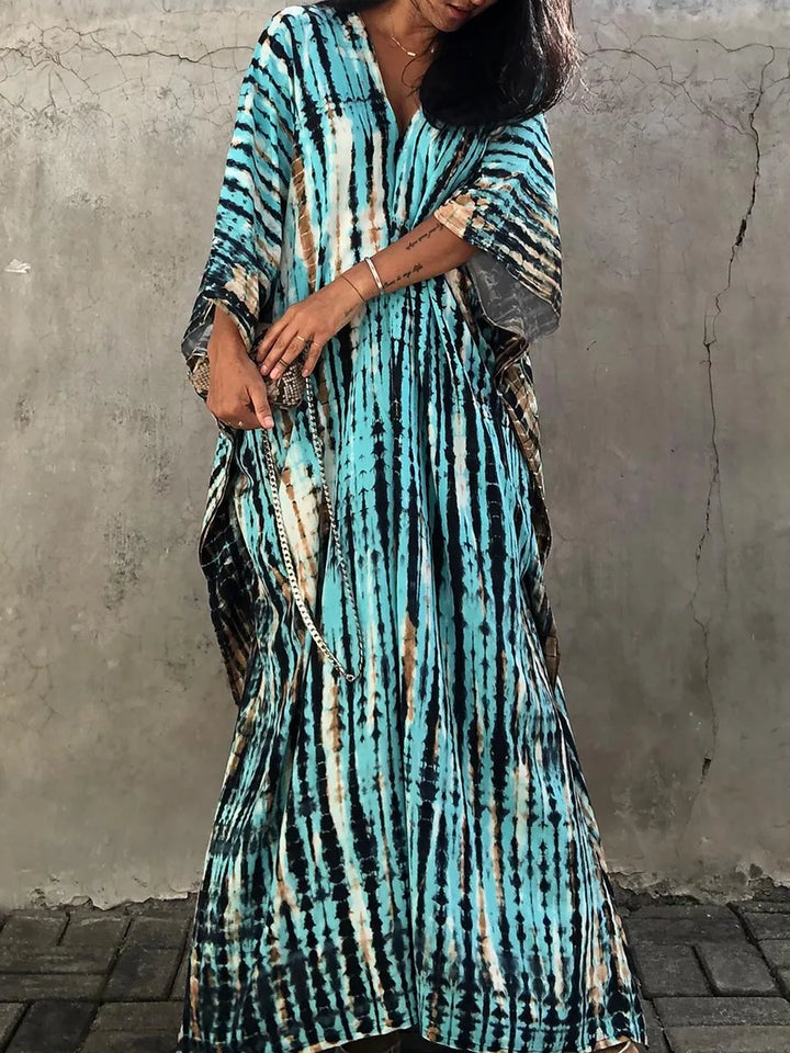 Women's Kaftan Dress - Full-Length Loose Fit - V-Neck Tie-Dye Bohemian Style
