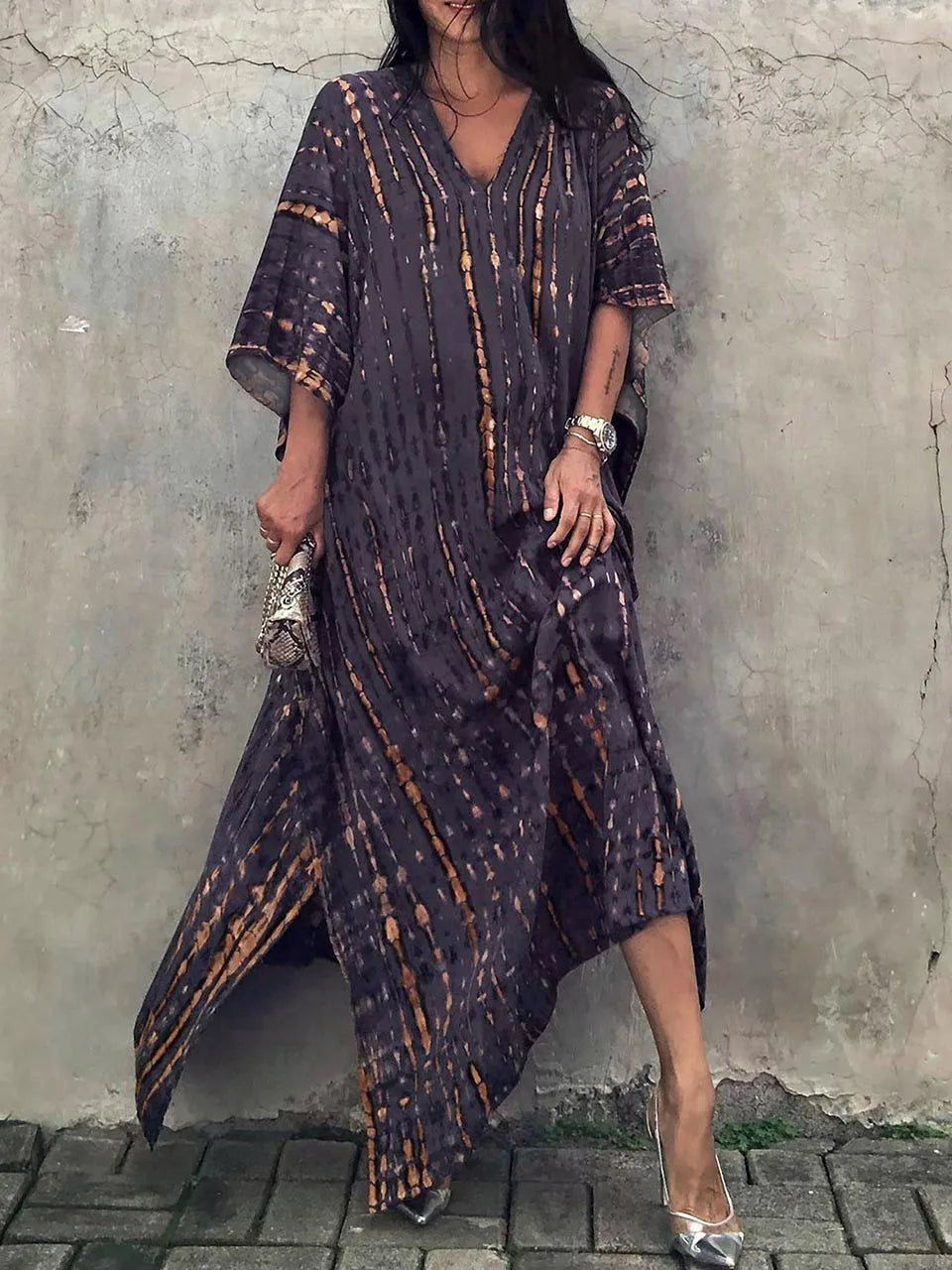 Women's Kaftan Dress - Full-Length Loose Fit - V-Neck Tie-Dye Bohemian Style