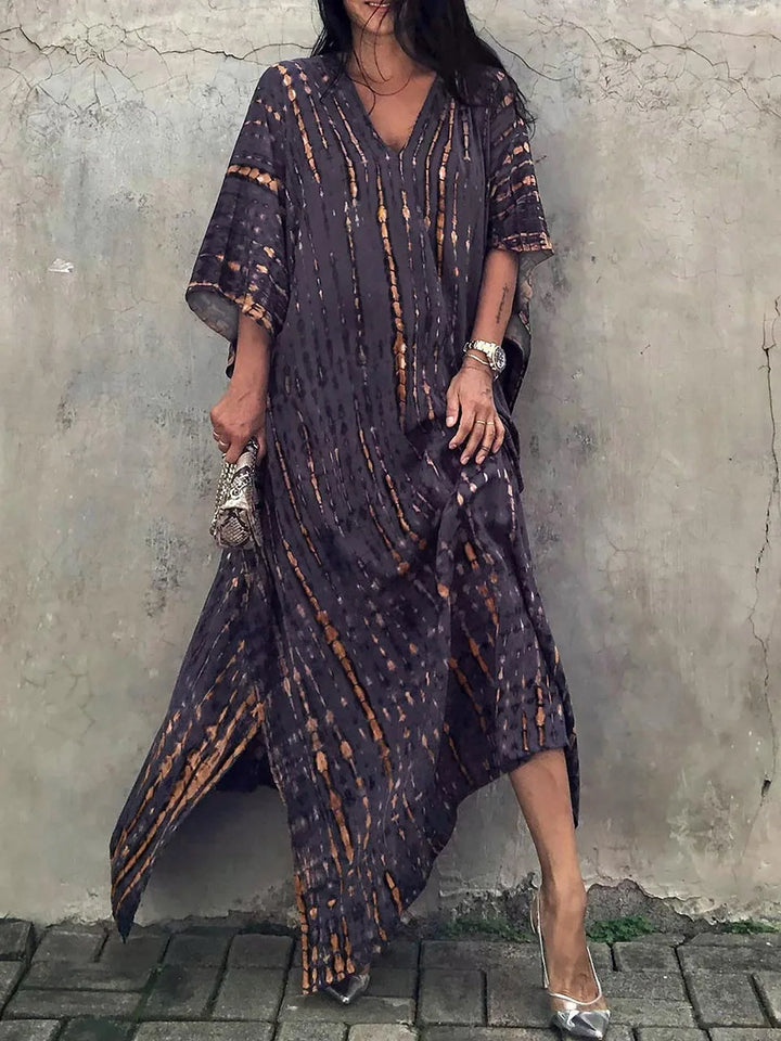 Women's Kaftan Dress - Full-Length Loose Fit - V-Neck Tie-Dye Bohemian Style