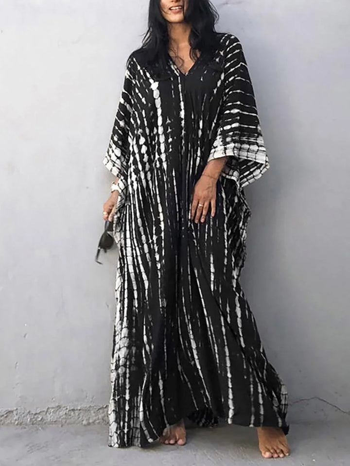 Women's Kaftan Dress - Full-Length Loose Fit - V-Neck Tie-Dye Bohemian Style