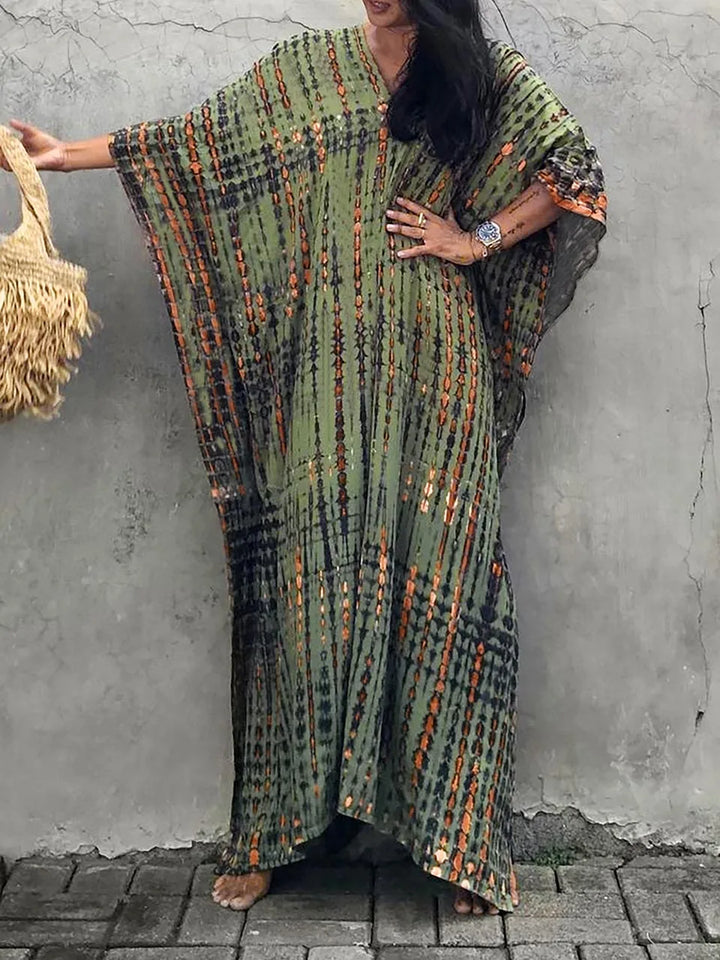 Women's Kaftan Dress - Full-Length Loose Fit - V-Neck Tie-Dye Bohemian Style