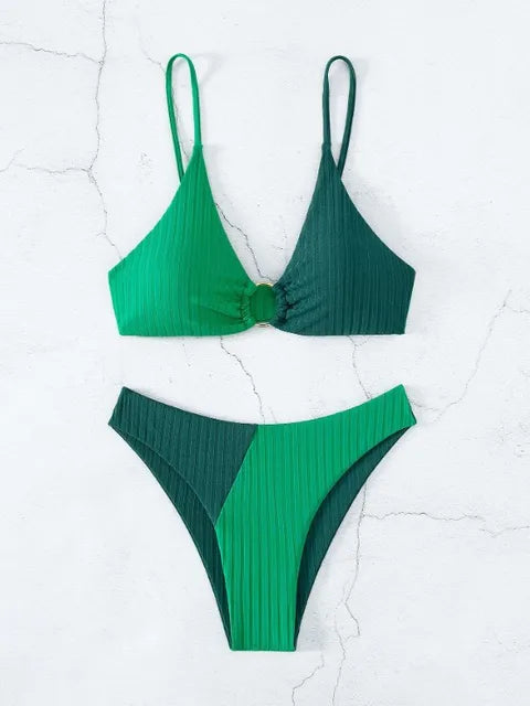 Women’s Bikini Set – Push-Up Top – High Waist Bottom – Ribbed Texture – Ring Accent