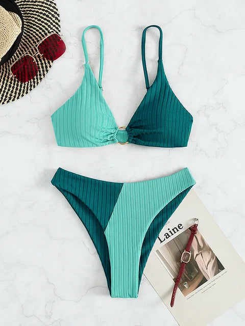 Women’s Bikini Set – Push-Up Top – High Waist Bottom – Ribbed Texture – Ring Accent