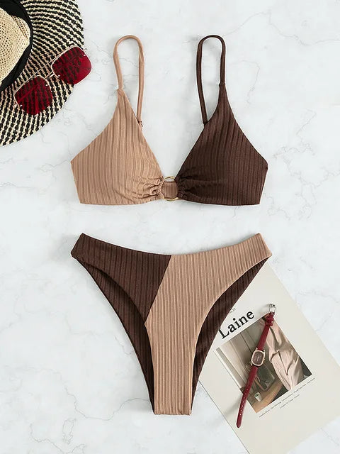 Women’s Bikini Set – Push-Up Top – High Waist Bottom – Ribbed Texture – Ring Accent
