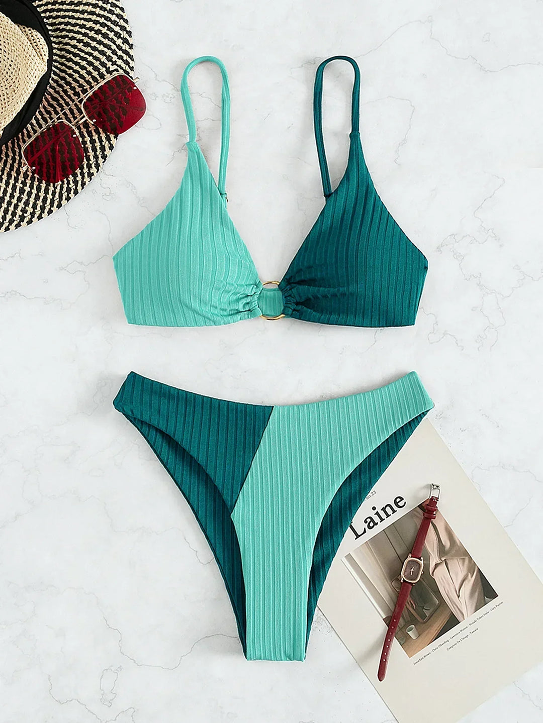 Women’s Bikini Set – Push-Up Top – High Waist Bottom – Ribbed Texture – Ring Accent