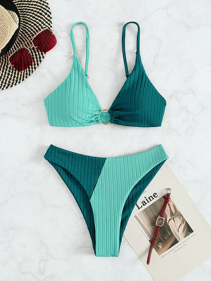 Women’s Bikini Set – Push-Up Top – High Waist Bottom – Ribbed Texture – Ring Accent