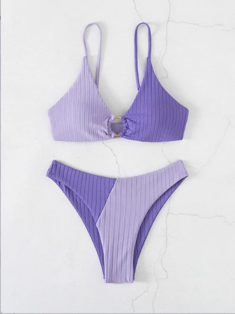 Women’s Bikini Set – Push-Up Top – High Waist Bottom – Ribbed Texture – Ring Accent