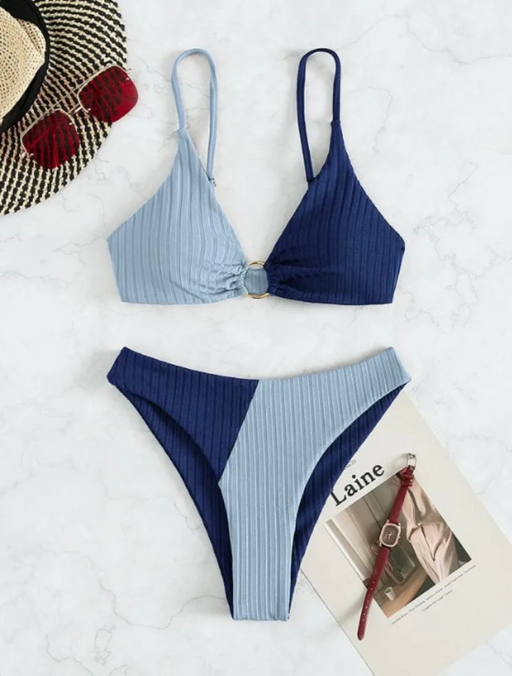 Women’s Bikini Set – Push-Up Top – High Waist Bottom – Ribbed Texture – Ring Accent