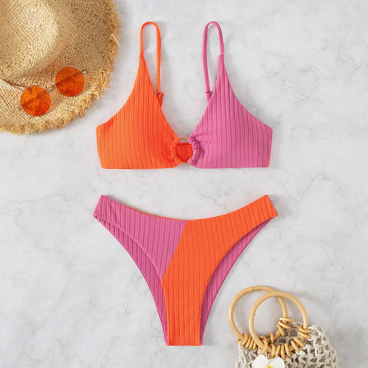 Women’s Bikini Set – Push-Up Top – High Waist Bottom – Ribbed Texture – Ring Accent