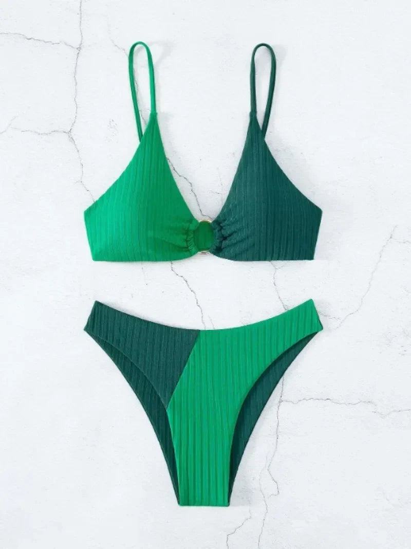 Women’s Bikini Set – Push-Up Top – High Waist Bottom – Ribbed Texture – Ring Accent