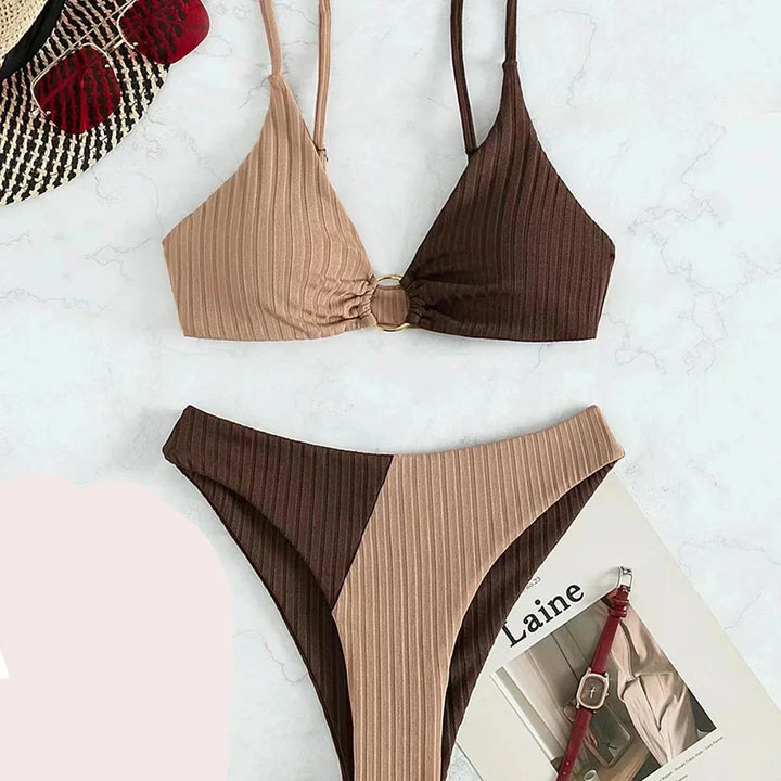 Women’s Bikini Set – Push-Up Top – High Waist Bottom – Ribbed Texture – Ring Accent