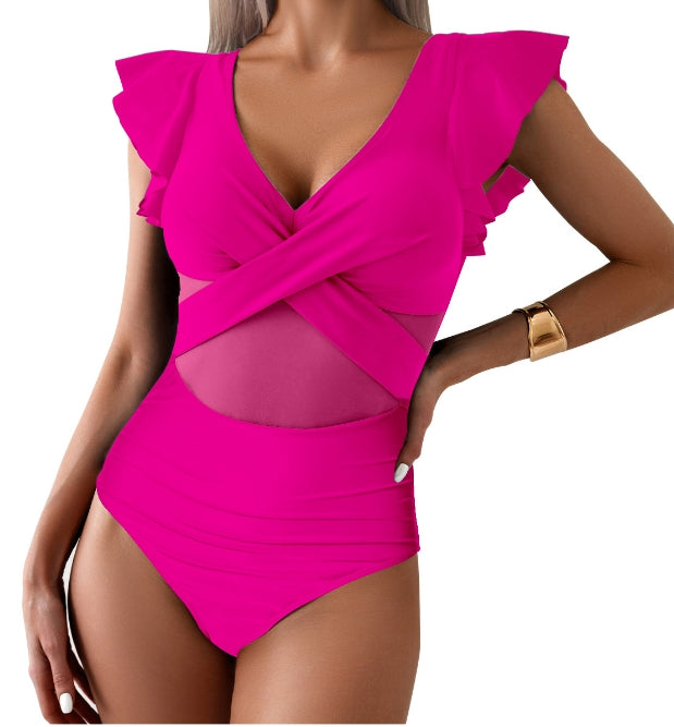 Women’s One-Piece Swimsuit – Deep V-Neck – Ruffle Sleeve – Mesh Panel – Sculpting Fit