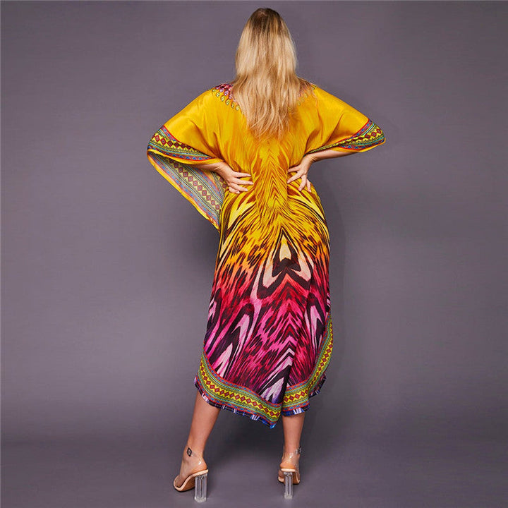 Women’s Beach Dress - Relaxed Fit - Breathable Blend - V-Neck - Flowing Sleeves