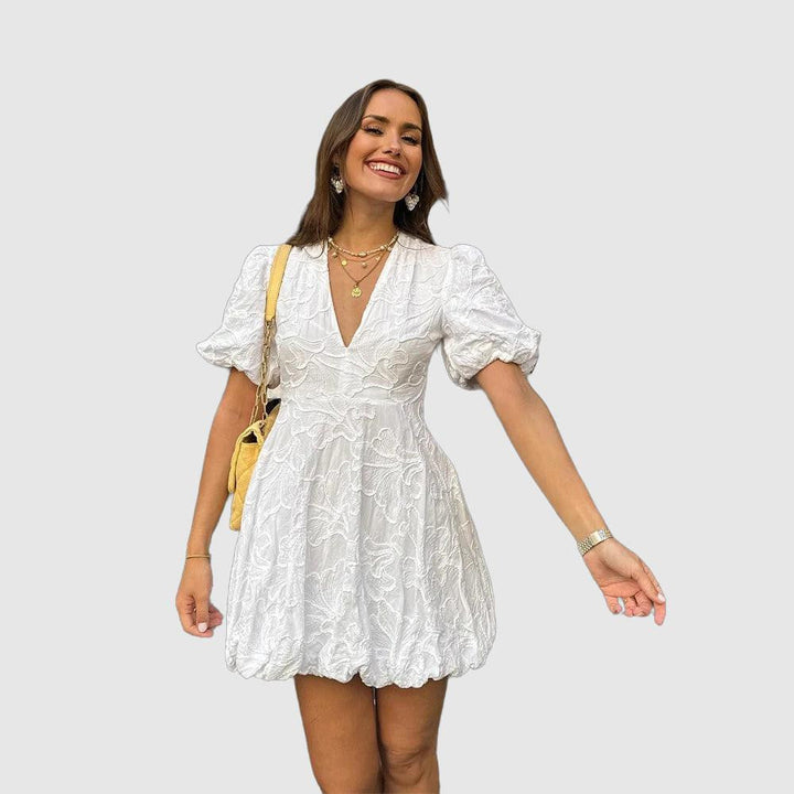 Women's Mini Dress - V-Neck - Puff Sleeves - Embroidered Fit-and-Flare Elegant Style