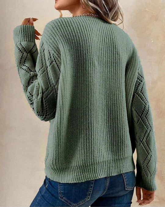 Women’s V-Neck Sweater – Soft Knit – Relaxed Fit – Lace Trim – Diamond Sleeve Detail