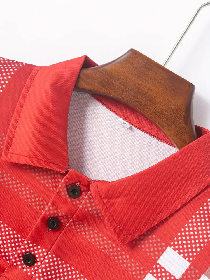 Men's Polo Shirt - Plaid Pattern - Slim Fit - Short Sleeve Button-Down Collar