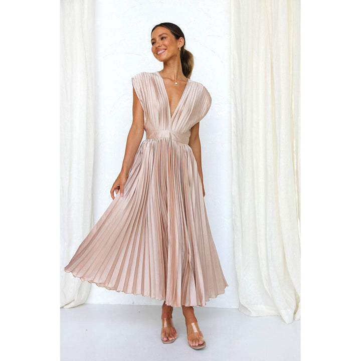 Women's Midi Dress - Deep V-Neck - Pleated Design - Cap Sleeves - Elegant Fit
