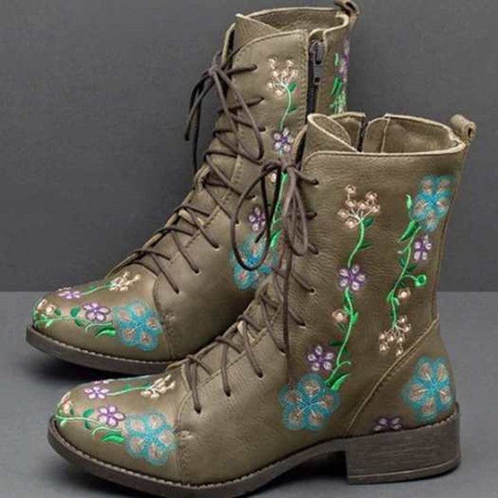 Women’s Mid-Calf Boots – Embroidered Floral – Round Toe – Block Heel – Lace-Up Zip