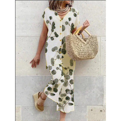 Women's Maxi Dress - Flowy Loose Fit - V-Neck Button Down - Short Sleeve Casual Wear