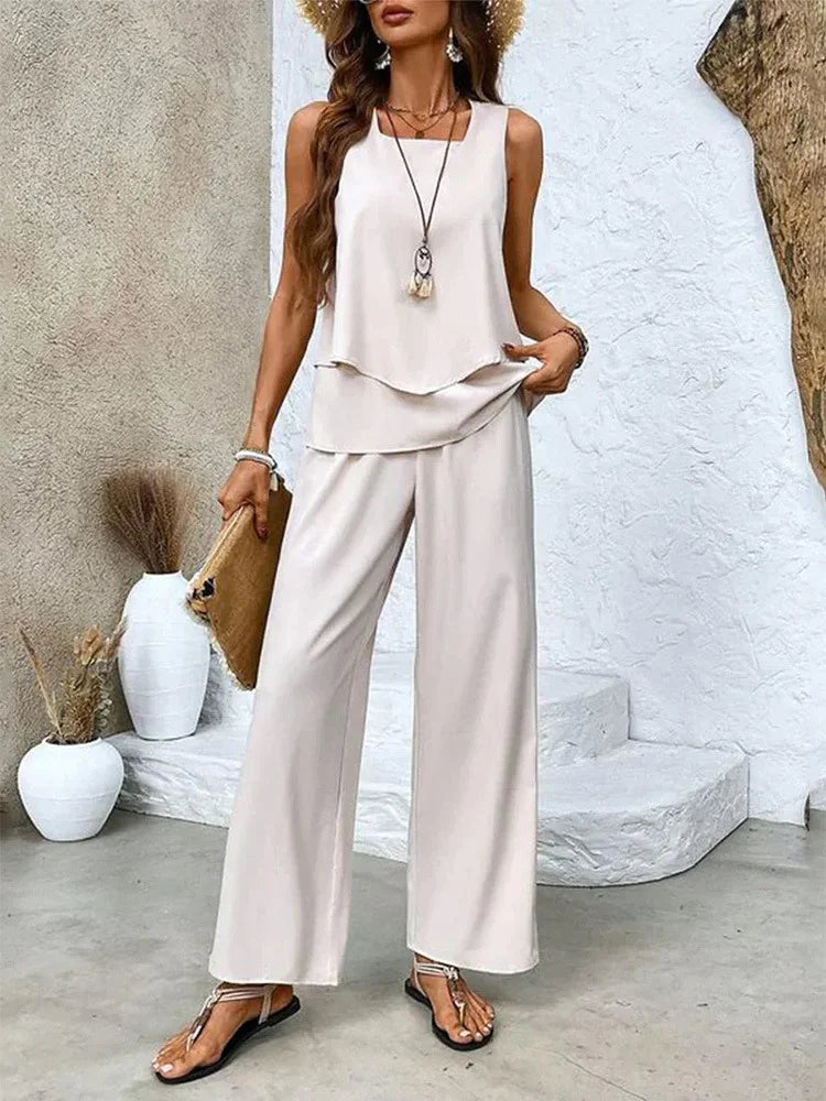 Women’s Two-Piece Set – Sleeveless Top – Wide-Leg Pants – Breathable Blend – Relaxed Fit
