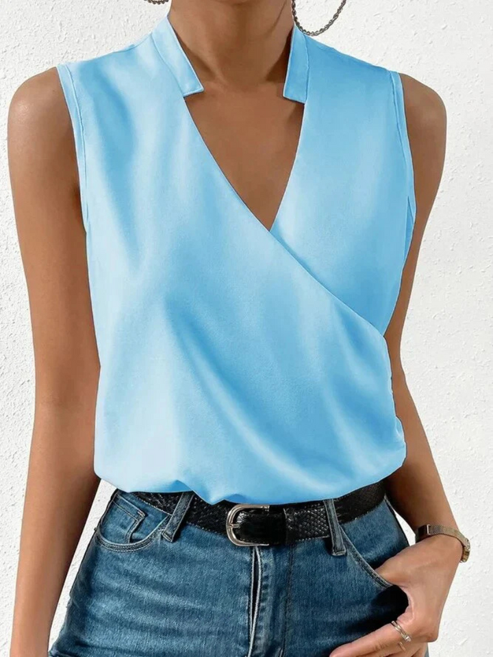 Women’s Sleeveless Top - Tailored Fit - V-Neck Wrap Front - Breathable Blend - Floral Print