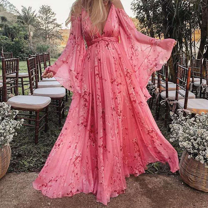 Women's Maxi Dress - Floral Print - Deep V-Neck - Open Shoulder - Cinched Waist - Flowy
