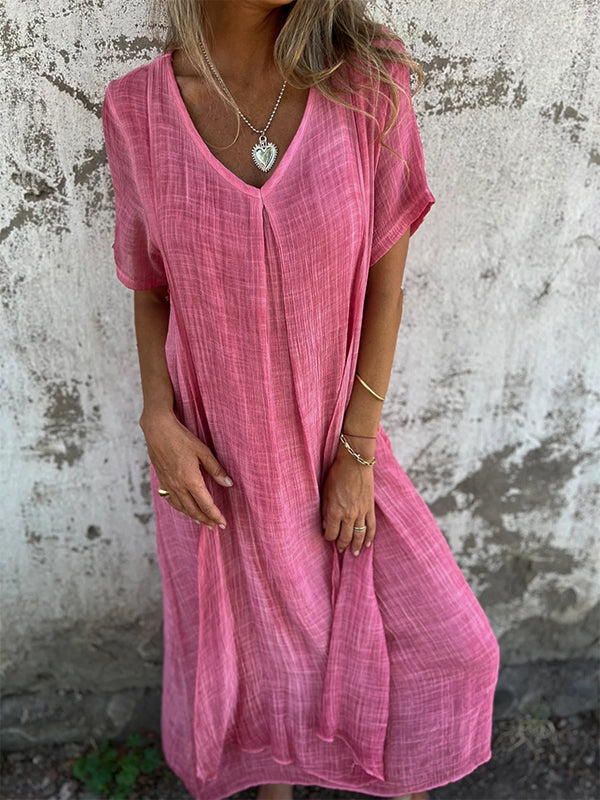 Women’s Dress – Relaxed Fit – V-Neck – Short Sleeve – Breathable Blend – Flowy Silhouette