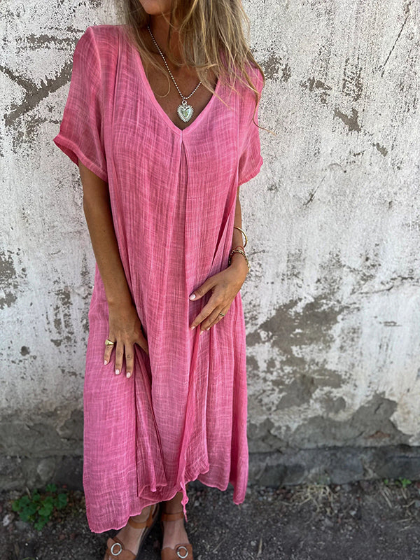 Women’s Dress – Relaxed Fit – V-Neck – Short Sleeve – Breathable Blend – Flowy Silhouette
