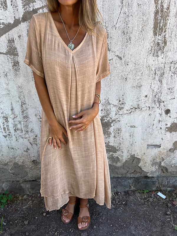Women’s Dress – Relaxed Fit – V-Neck – Short Sleeve – Breathable Blend – Flowy Silhouette