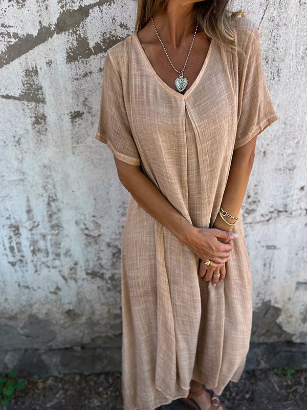 Women’s Dress – Relaxed Fit – V-Neck – Short Sleeve – Breathable Blend – Flowy Silhouette