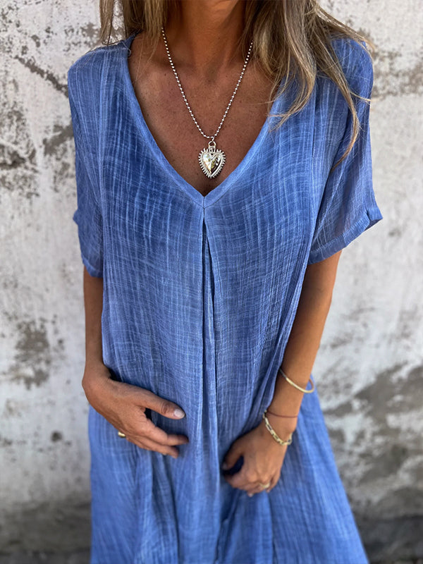 Women’s Dress – Relaxed Fit – V-Neck – Short Sleeve – Breathable Blend – Flowy Silhouette