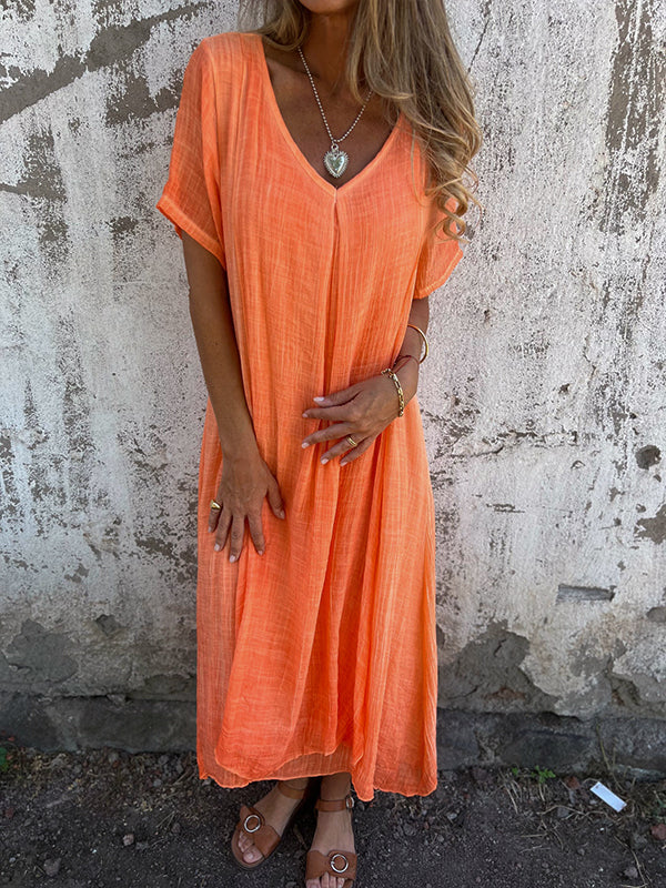 Women’s Dress – Relaxed Fit – V-Neck – Short Sleeve – Breathable Blend – Flowy Silhouette
