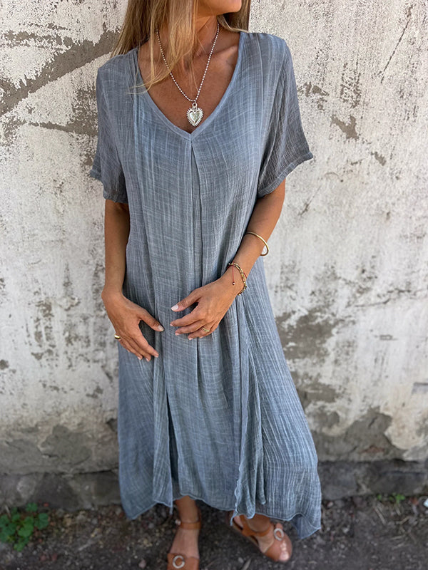 Women’s Dress – Relaxed Fit – V-Neck – Short Sleeve – Breathable Blend – Flowy Silhouette