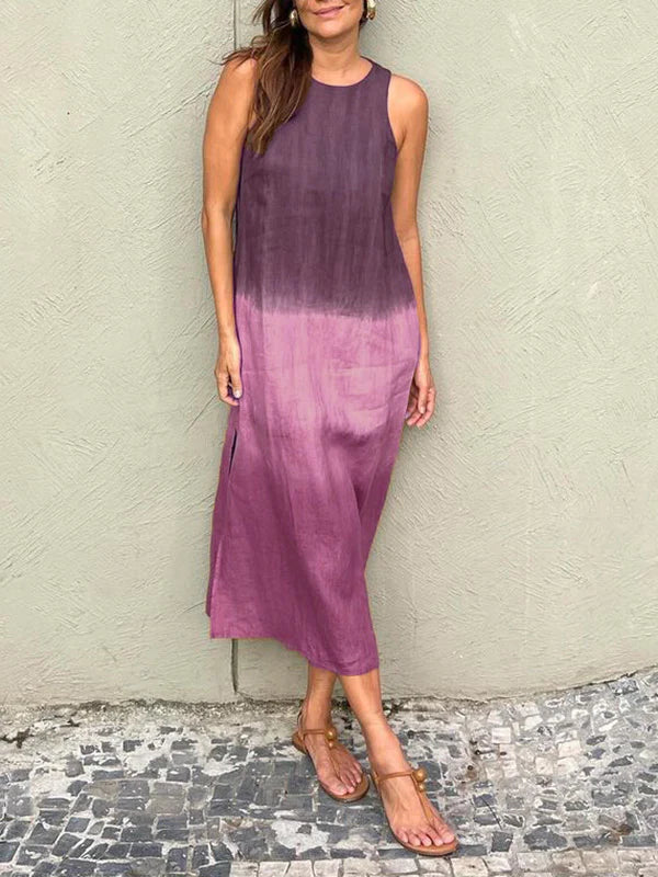 Women’s Midi Dress - Relaxed Fit - Sleeveless - Side Slit - Natural Fibers - Gradient Design