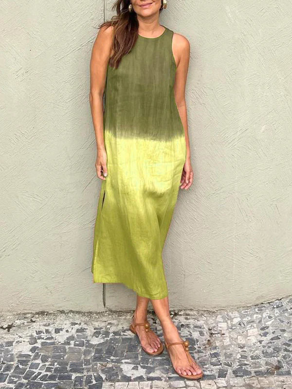 Women’s Midi Dress - Relaxed Fit - Sleeveless - Side Slit - Natural Fibers - Gradient Design