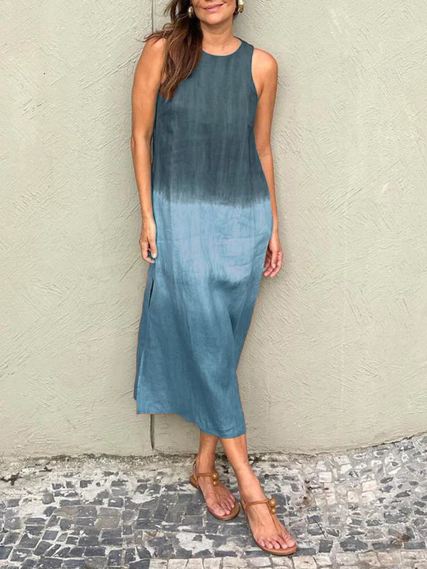 Women’s Midi Dress - Relaxed Fit - Sleeveless - Side Slit - Natural Fibers - Gradient Design