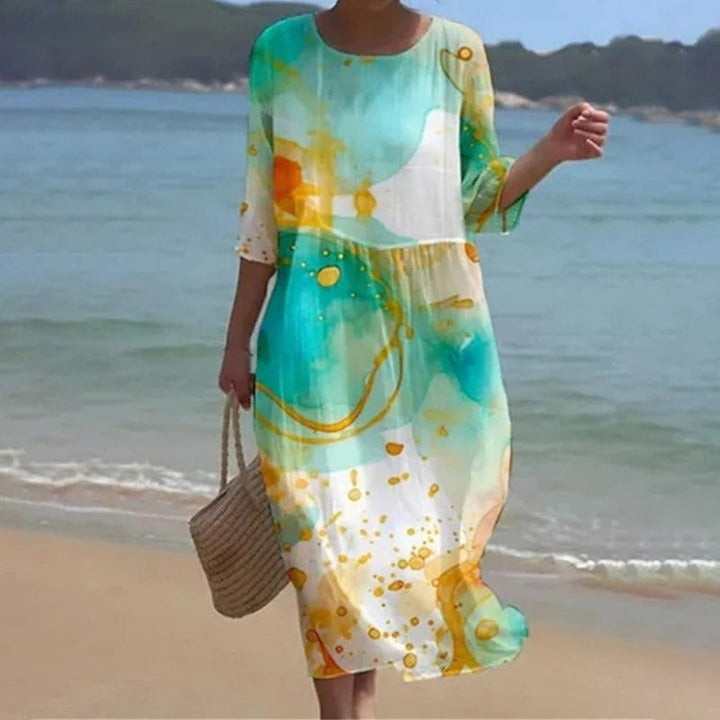Women’s Maxi Dress – Breathable Blend – Loose Fit – 3/4 Sleeve – Round Neck