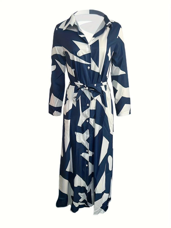 Women's Maxi Dress - Button Down - 3/4 Sleeve - Waist Tie - Front Slit - Striped