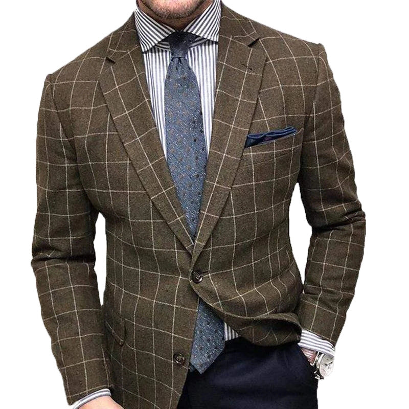 Men's Blazer - Slim Fit Wool Blend - Checkered Pattern - Single Breasted Formal Jacket