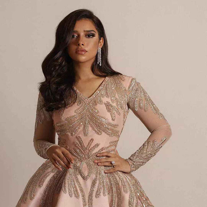 Women’s Evening Gown – Fitted Bodice – Full Skirt – Sequin Embellished – Deep V-Neck – Long Sleeve