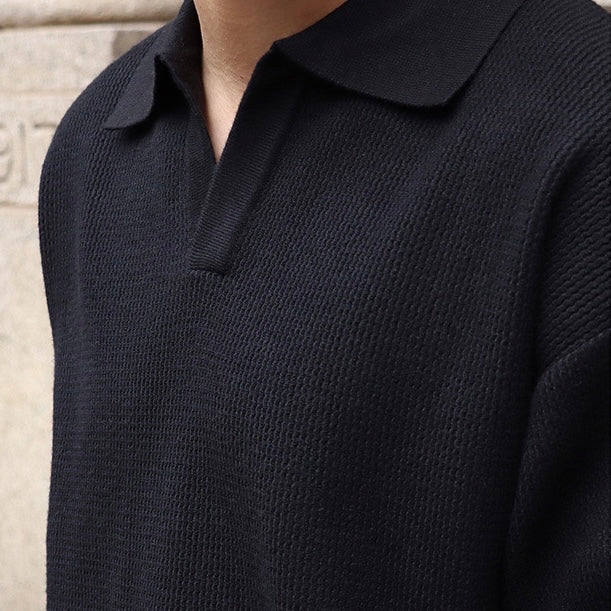 Men’s Knit Pullover Top – Relaxed Fit – Waffle Texture – Buttonless V-Collar – Long Sleeve