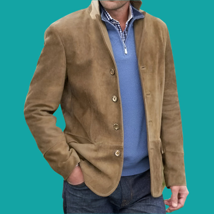 Men’s Suede Feel Jacket - Regular Fit - Stand Collar - Button Front - Vintage Style